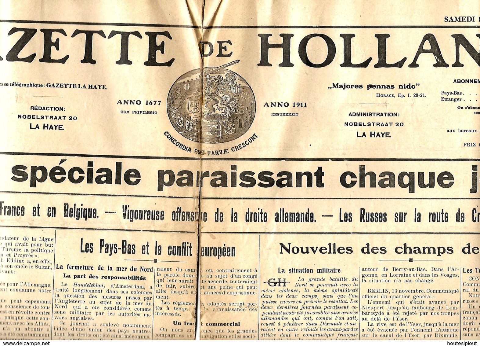 La Gazette De Hollande   14/11/1914    Mauvais état Mais Lisible - Autres & Non Classés