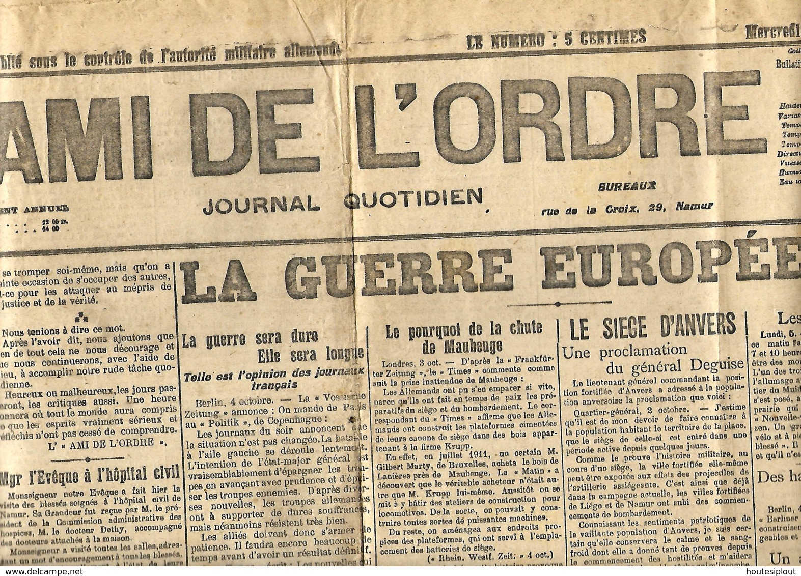 L'Ami De L'Ordre   7/10/1914   Publié Sous Le Contrôle De L'autorité Militaire Allemande - Autres & Non Classés