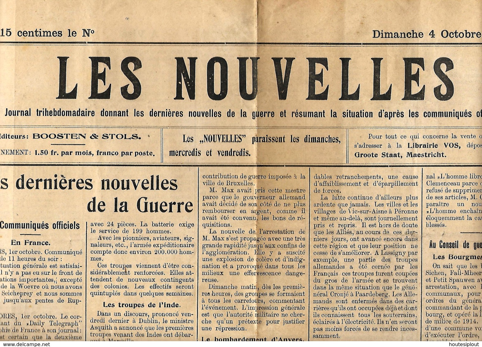 Les Nouvelles  4/10/1914   Publié à Maastricht - Autres & Non Classés