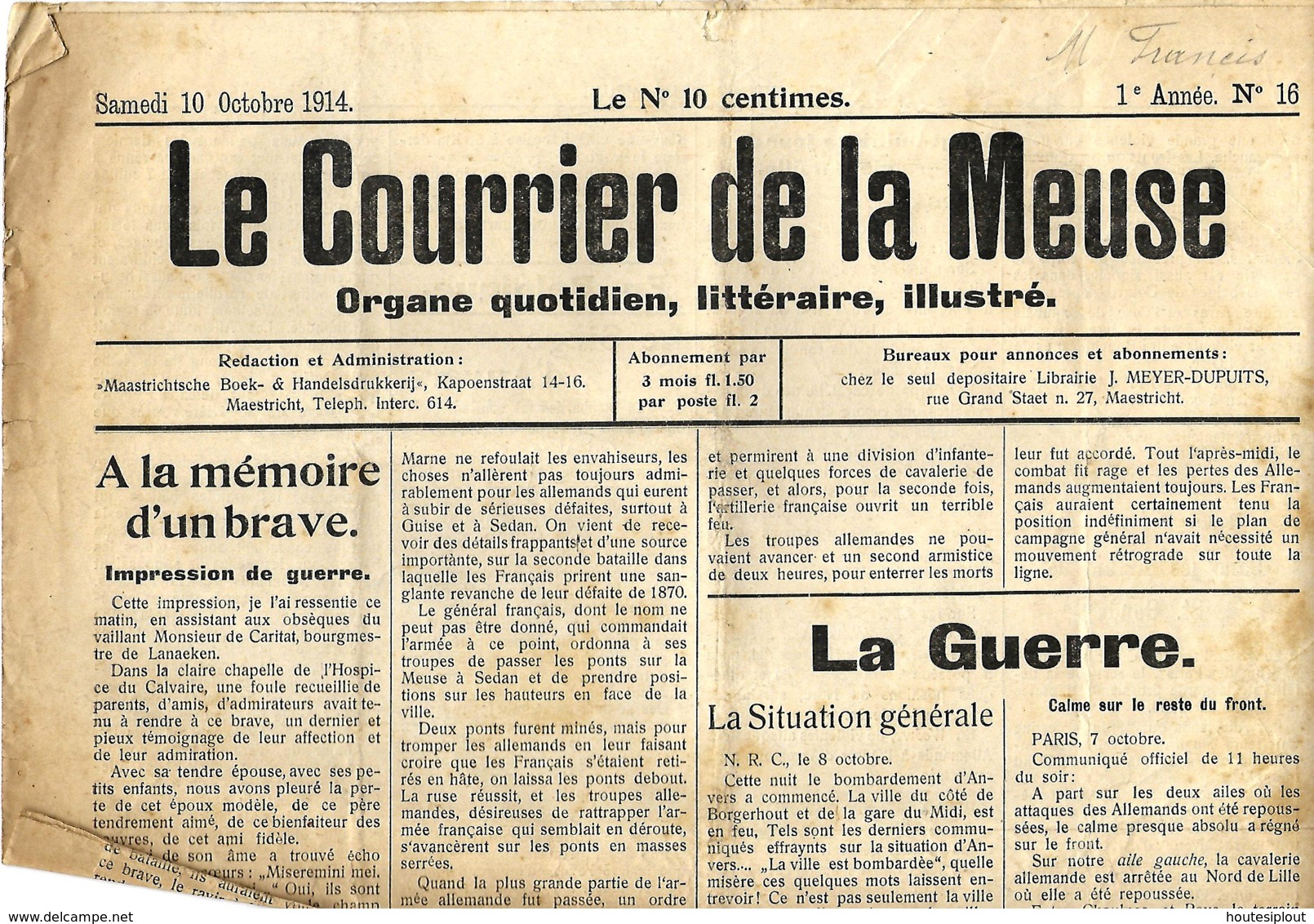 Le Courrier De La Meuse  10/10/1914   Publié à Maastricht - Autres & Non Classés