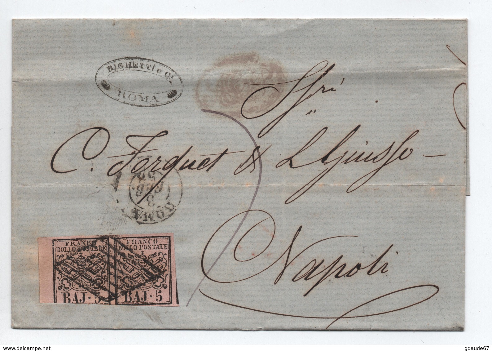 1858 - LETTRE De ROMA Pour NAPOLI Avec PAIRE SASSONE N° 6 - Papal States