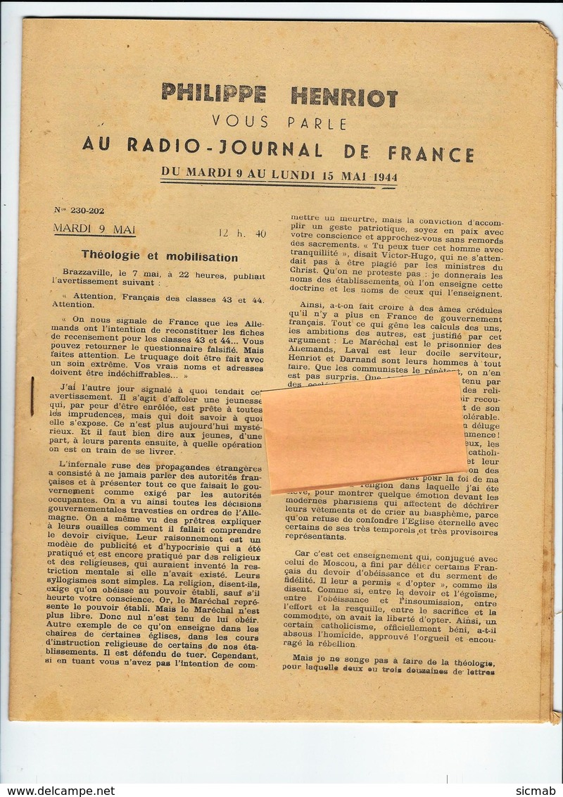 Vichy, PHILLIPE HENRIOT VOUS PARLE AU RADIO-JOURNAL DE FRANCE  DU Mardi  9 Au Lundi 15 MAI 1944 - 1939-45