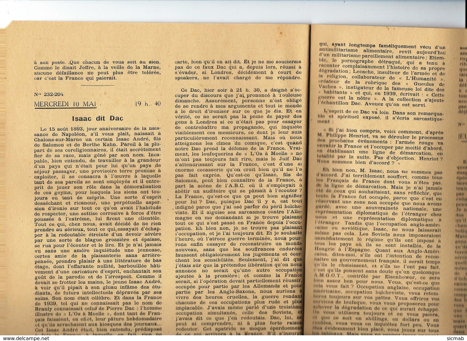 Vichy, PHILLIPE HENRIOT VOUS PARLE AU RADIO-JOURNAL DE FRANCE  DU Mardi  9 Au Lundi 15 MAI 1944 - 1939-45