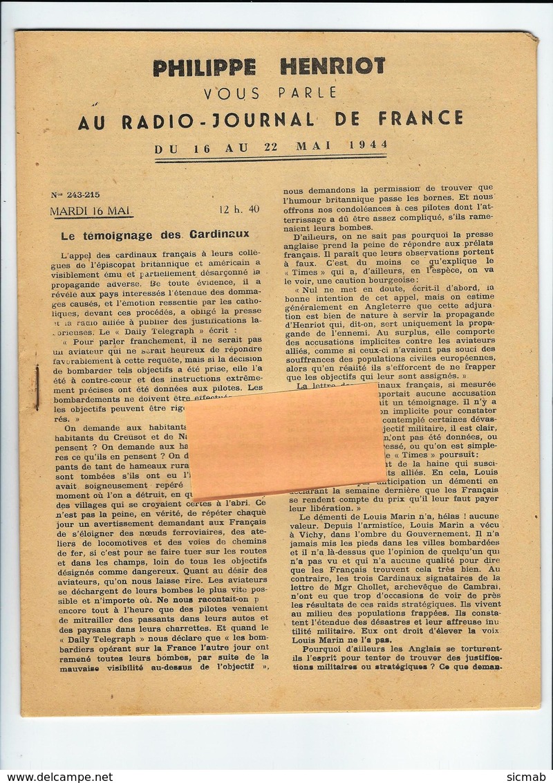 Vichy, PHILLIPE HENRIOT VOUS PARLE AU RADIO-JOURNAL DE FRANCE  Du 16 Au 22  MAI 1944 - 1939-45