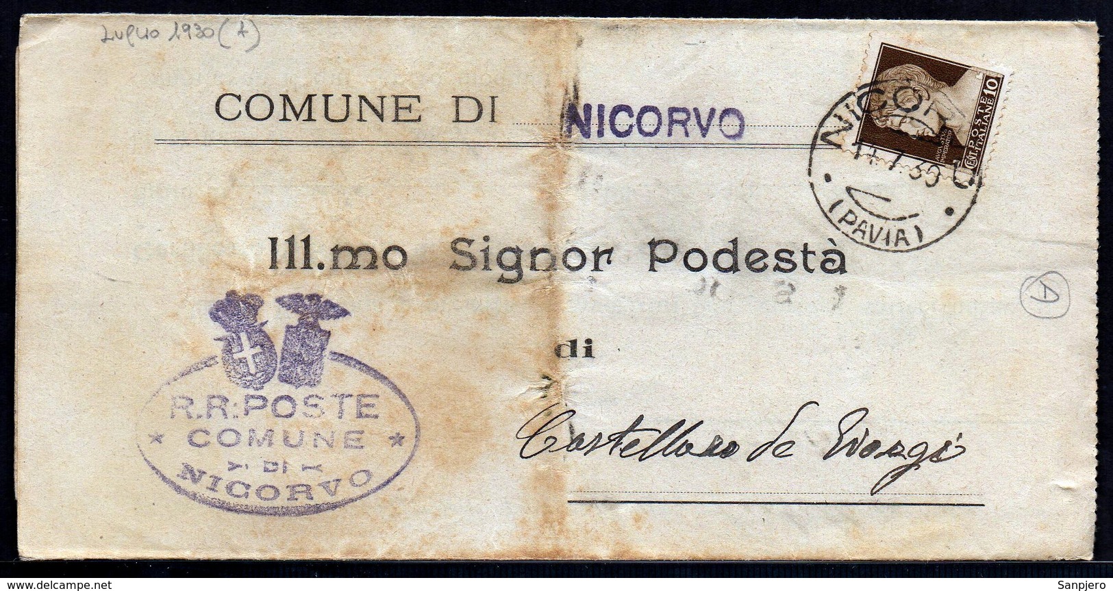 ITALY ITALIA 1930. Historical Documents Envelope Use By The Municipality Of NICORVO - Historische Dokumente