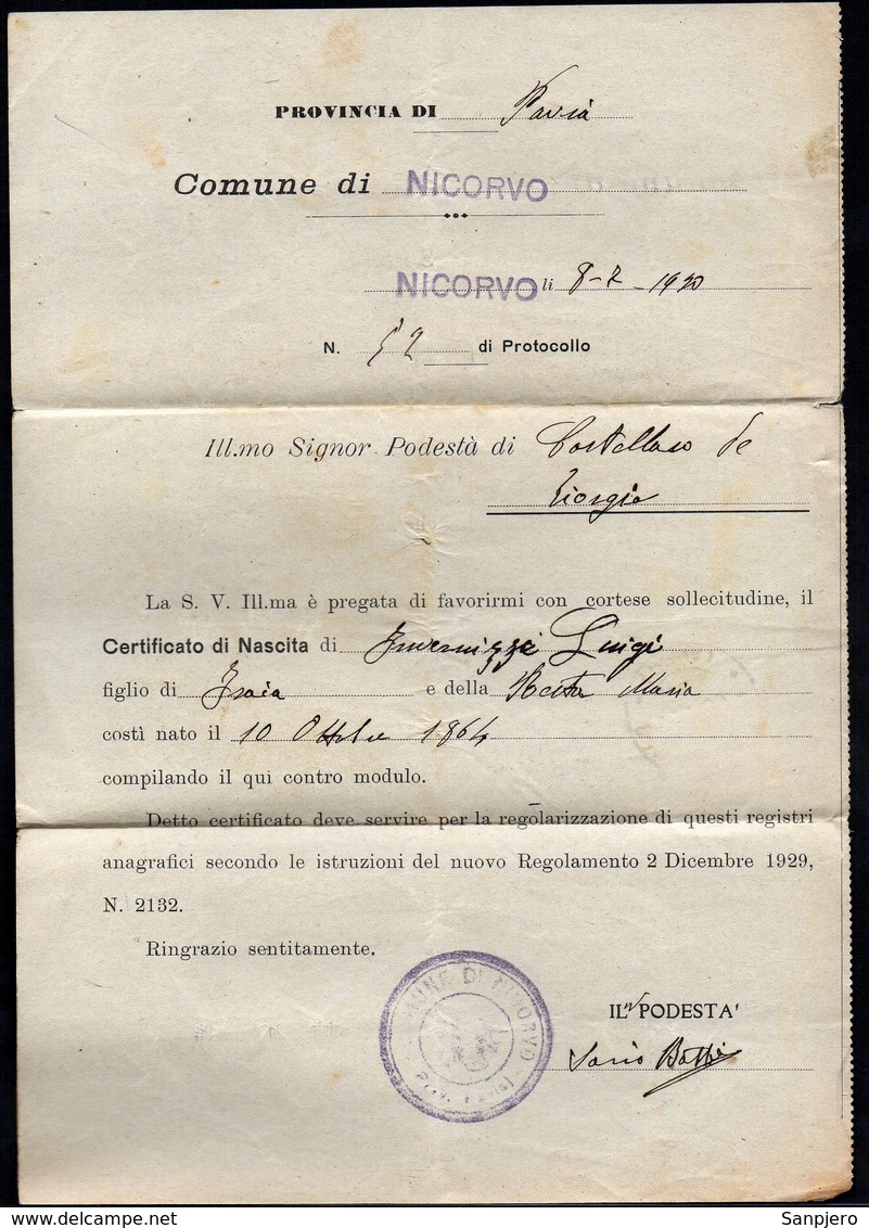 ITALY ITALIA 1930. Historical Documents Envelope Use By The Municipality Of NICORVO - Historische Dokumente