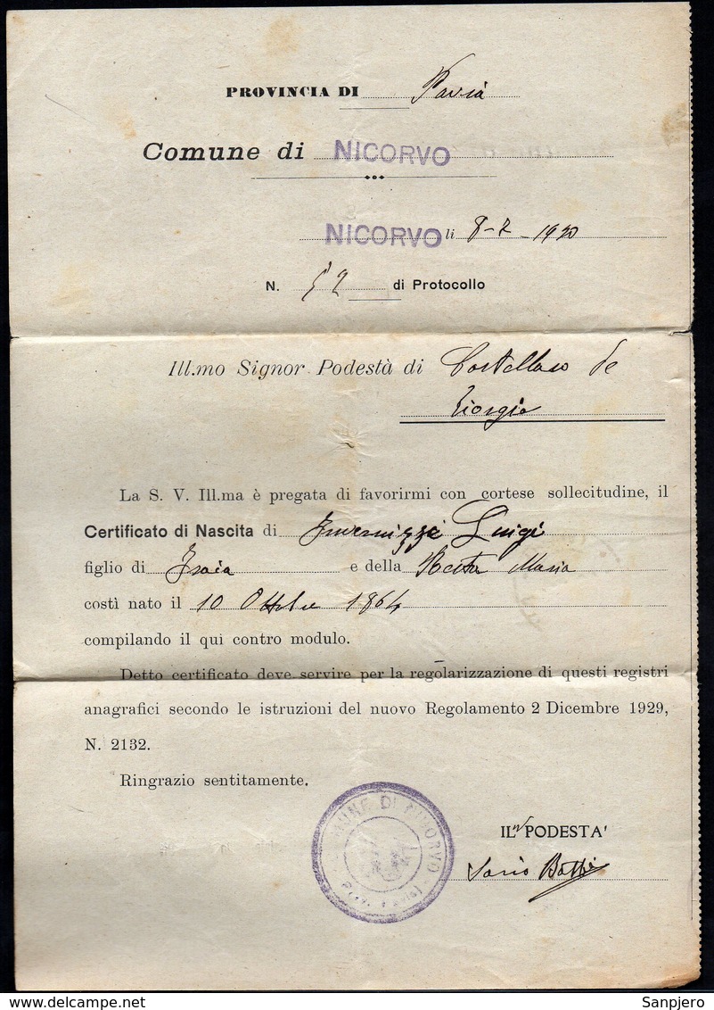 ITALY ITALIA 1930. Historical Documents Envelope Use By The Municipality Of NICORVO - Documenti Storici