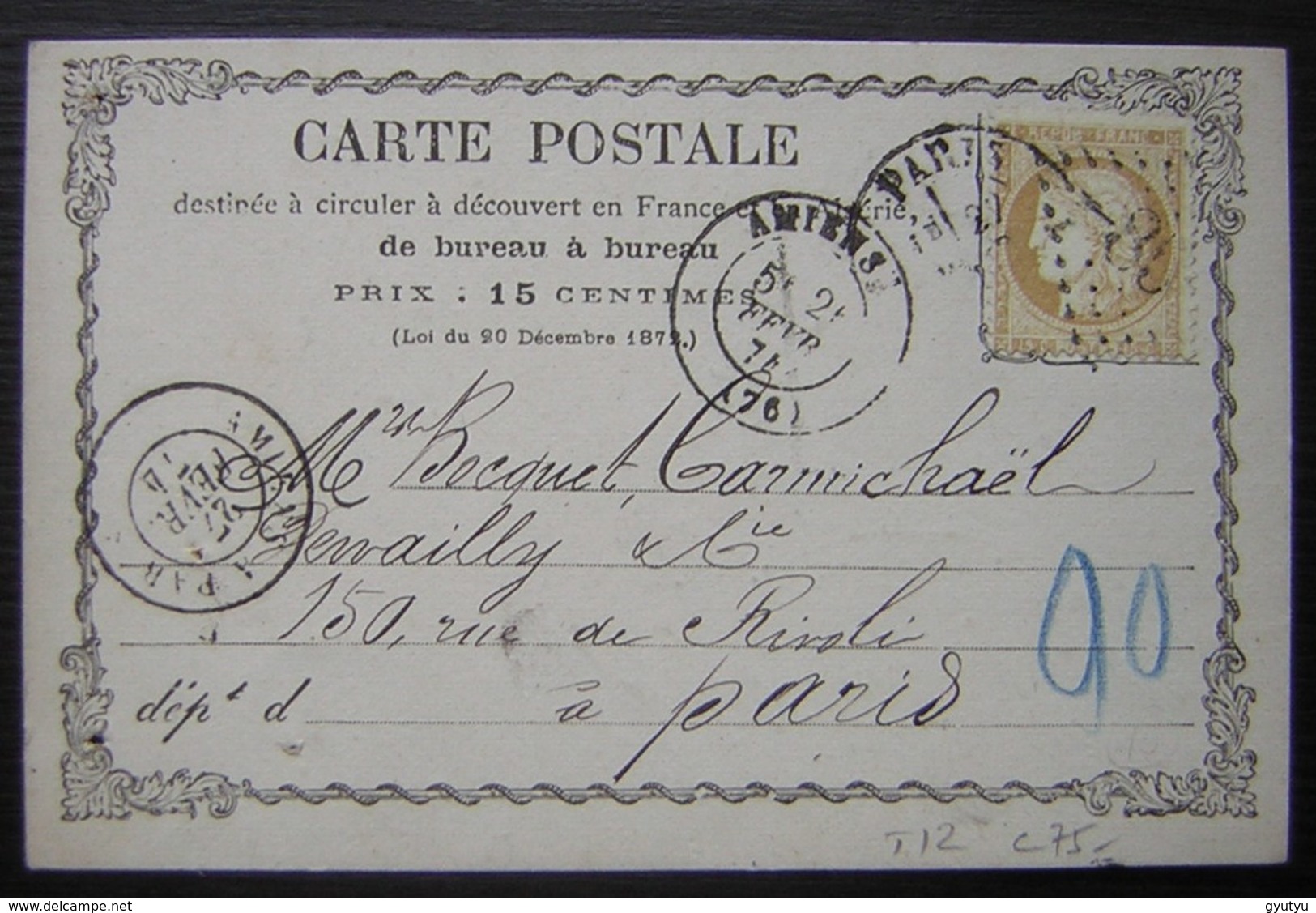 Amiens (Somme) 1874 Cachet P.Hazebrouck Au Revers D'une Carte Précurseur, Voir Photo - 1849-1876: Période Classique