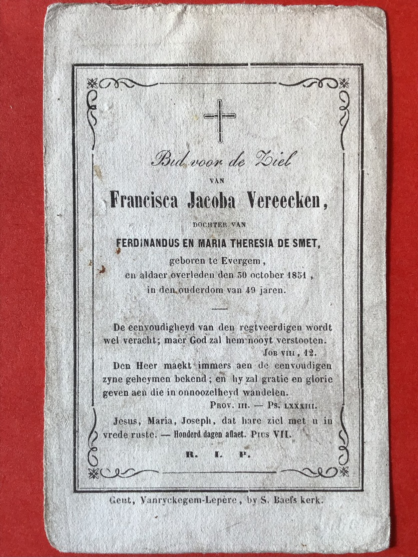 Anno 1851 - FRANCISCA VEREECKEN Dochter Van FERDINANDUS En MARIA DE SMET - EVERGEM 1851 - Images Religieuses