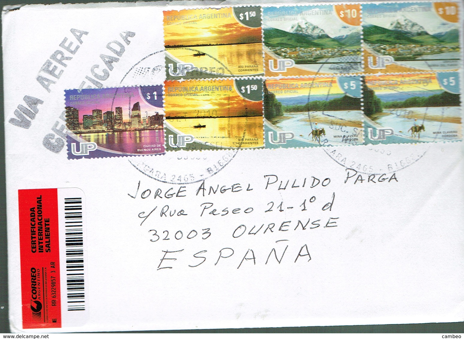 ARGENTINA 2010 USED REGISTRED LETTRE  BUENOS AIRES  PARANA RIVER CORRIENTES USHUAIA MINA CLAVERO CORDOBA - Covers & Documents