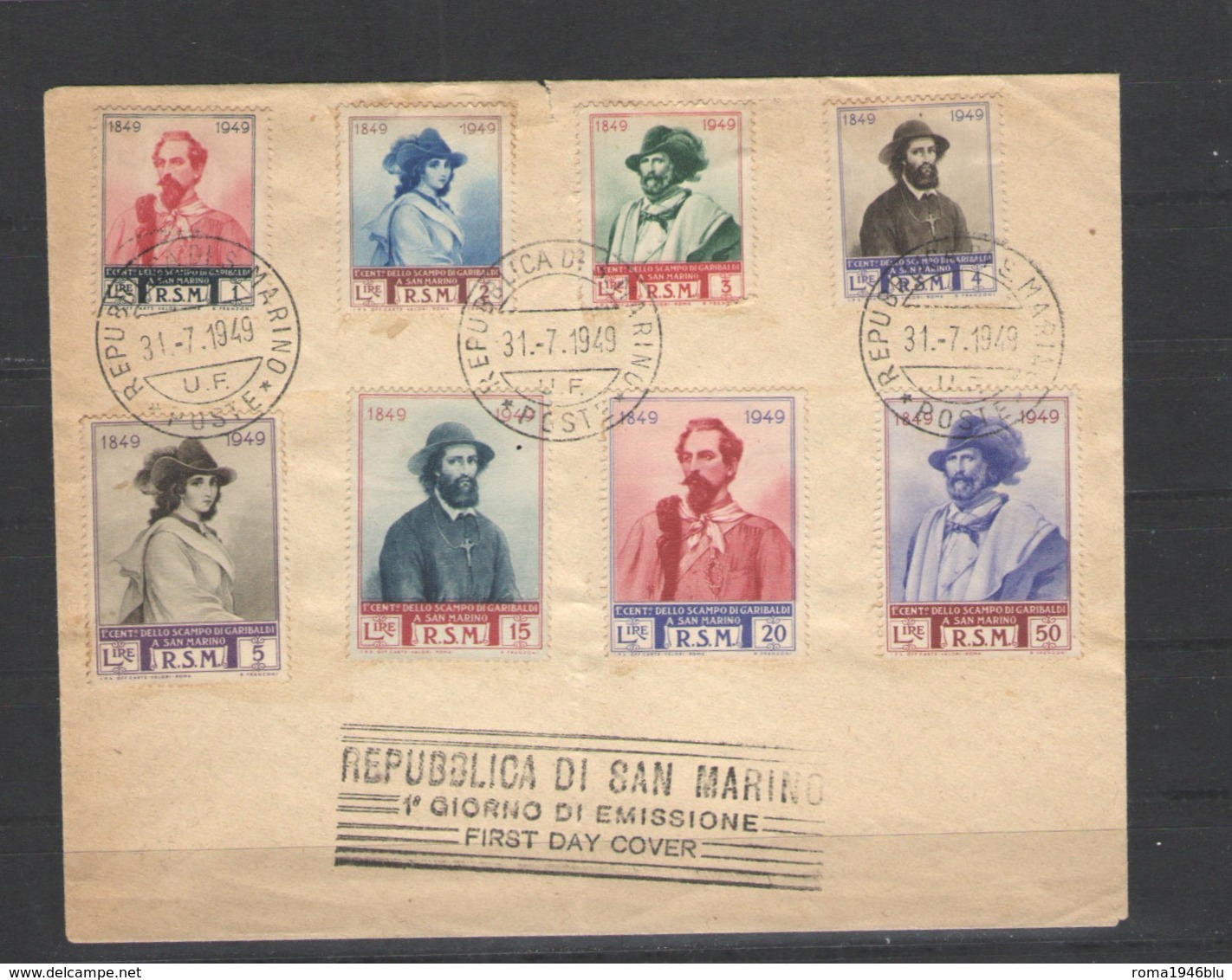 SAN MARINO 1949 GARIBALDI POSTA ORDINARIA SU BUSTA FDC - Hojas Bloque