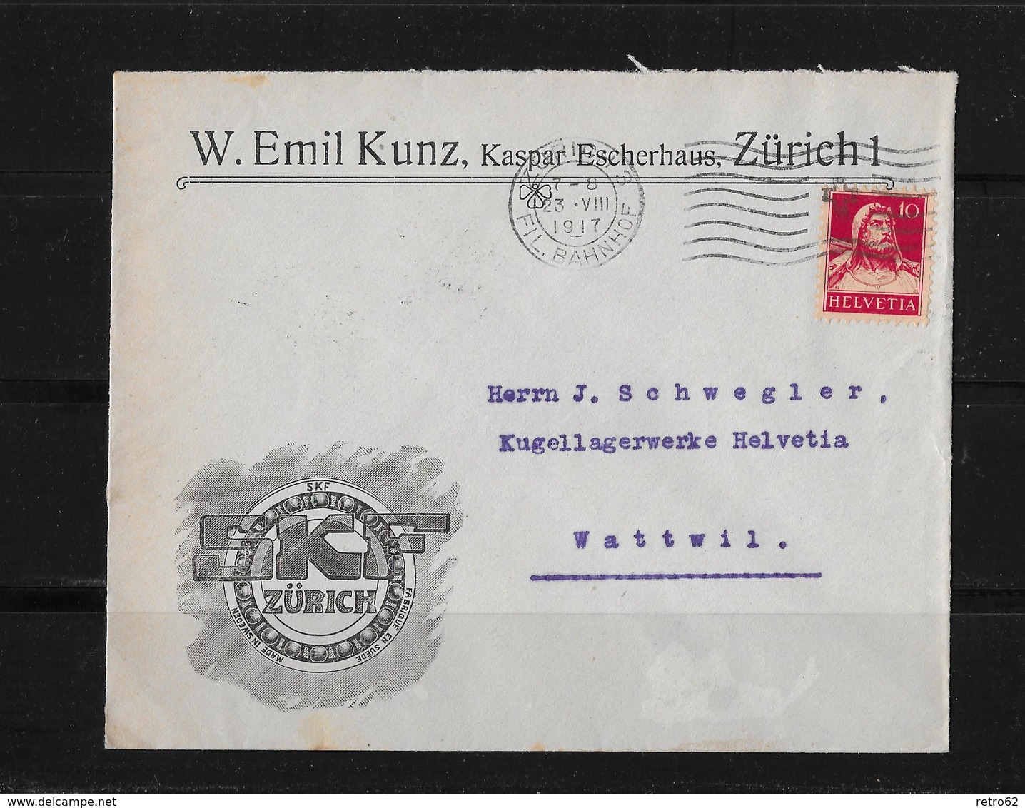 HEIMAT ZÜRICH → Brief W.Emil Kunz (SKF-Zürich) Nach Wattwil 1917 - Briefe U. Dokumente