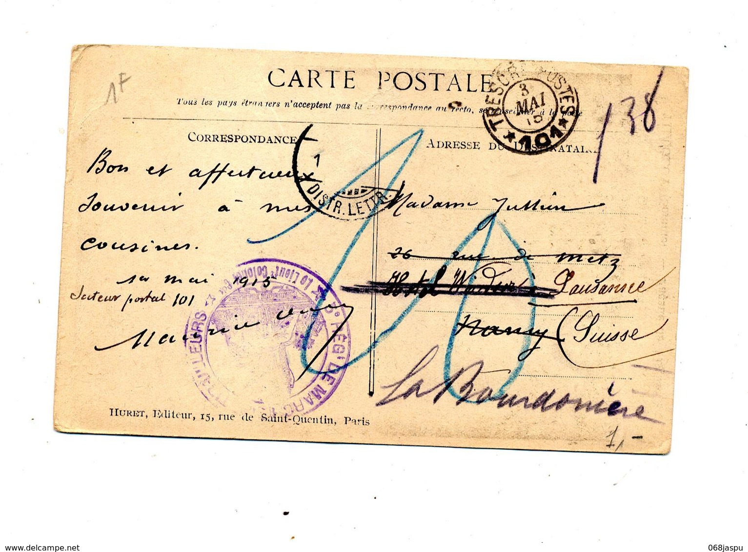 Carte Cachet Tresor Et Postes 101 +regiment De Marche Vue Dechiré Tilloloy - Cachets Manuels