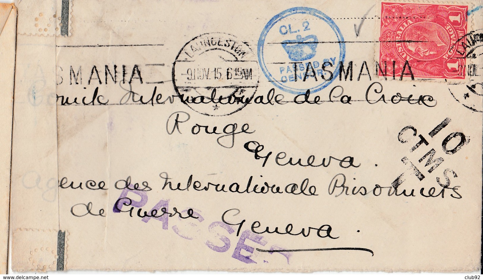 AUSTRALIE : 1 Penny / Cp(.) Ss Fin LAUNCESTON / 9.11.1915 / TASMANIA-> Geneve / SUIISE + Censure Et Griffe : PASSED + TA - Covers & Documents