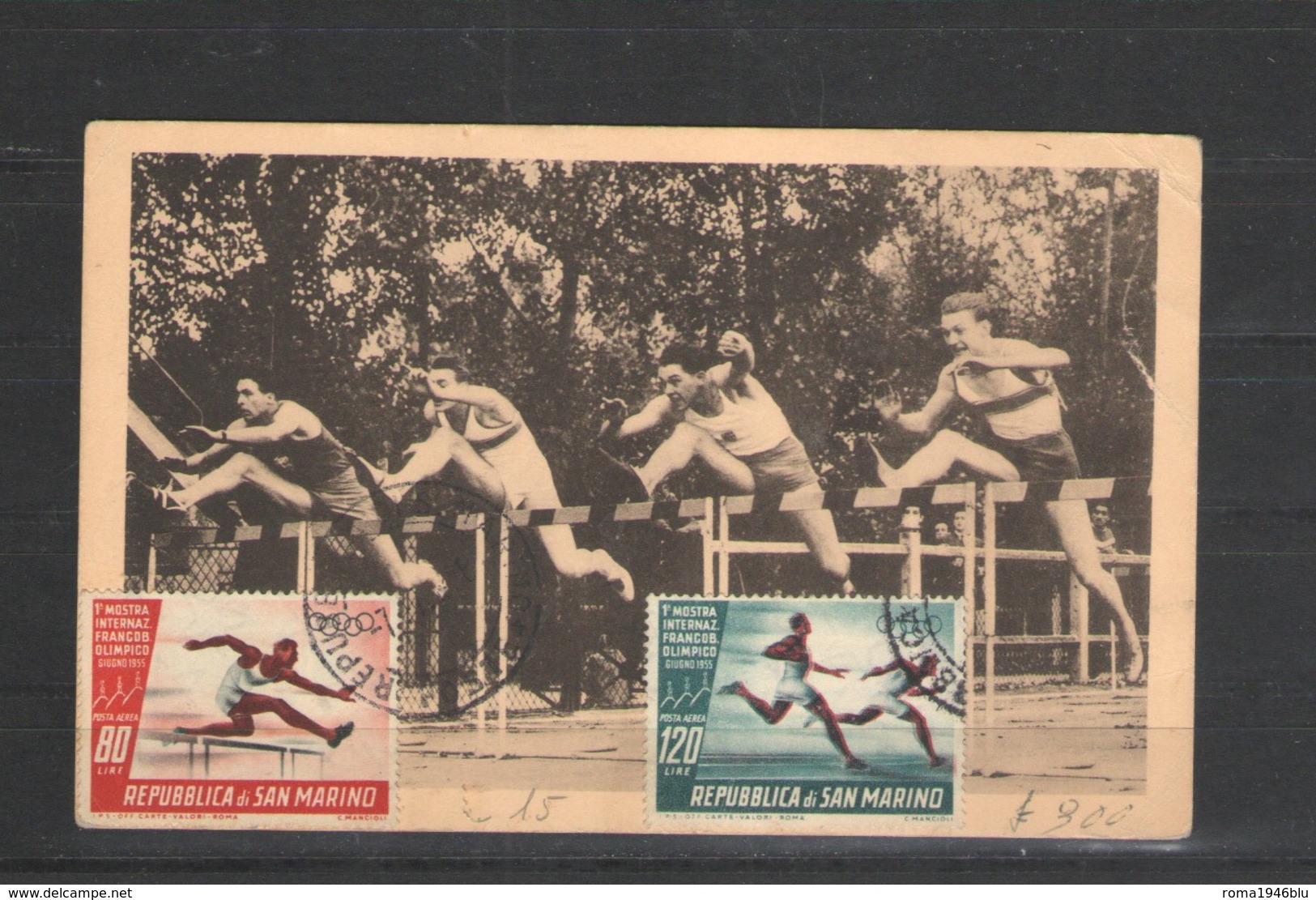 SAN MARINO 1955 MOSTRA SU FRANCOBOLLO OLIMPICO SU CARTOLINA - Blocs-feuillets