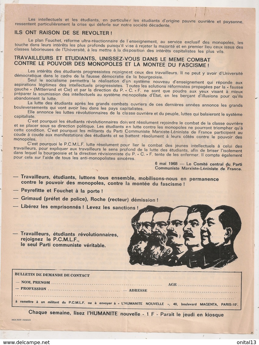 TRACT  6 MAI 1968 DU PARTI COMMUNISTE MARXISTE LENINISTE B491 - Documents Historiques