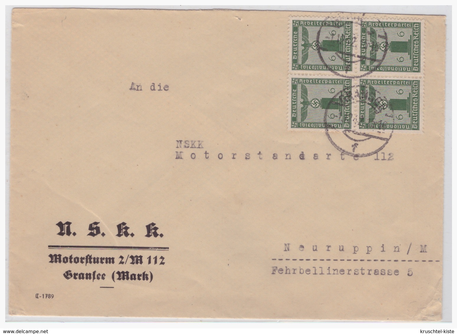 Dt- Reich (003920) Propaganda Brief N.S.K.K. Motorsturm 2/ M 112 Gransee Nach NSKK Neuruppin, Gelaufen 1942 - Briefe U. Dokumente