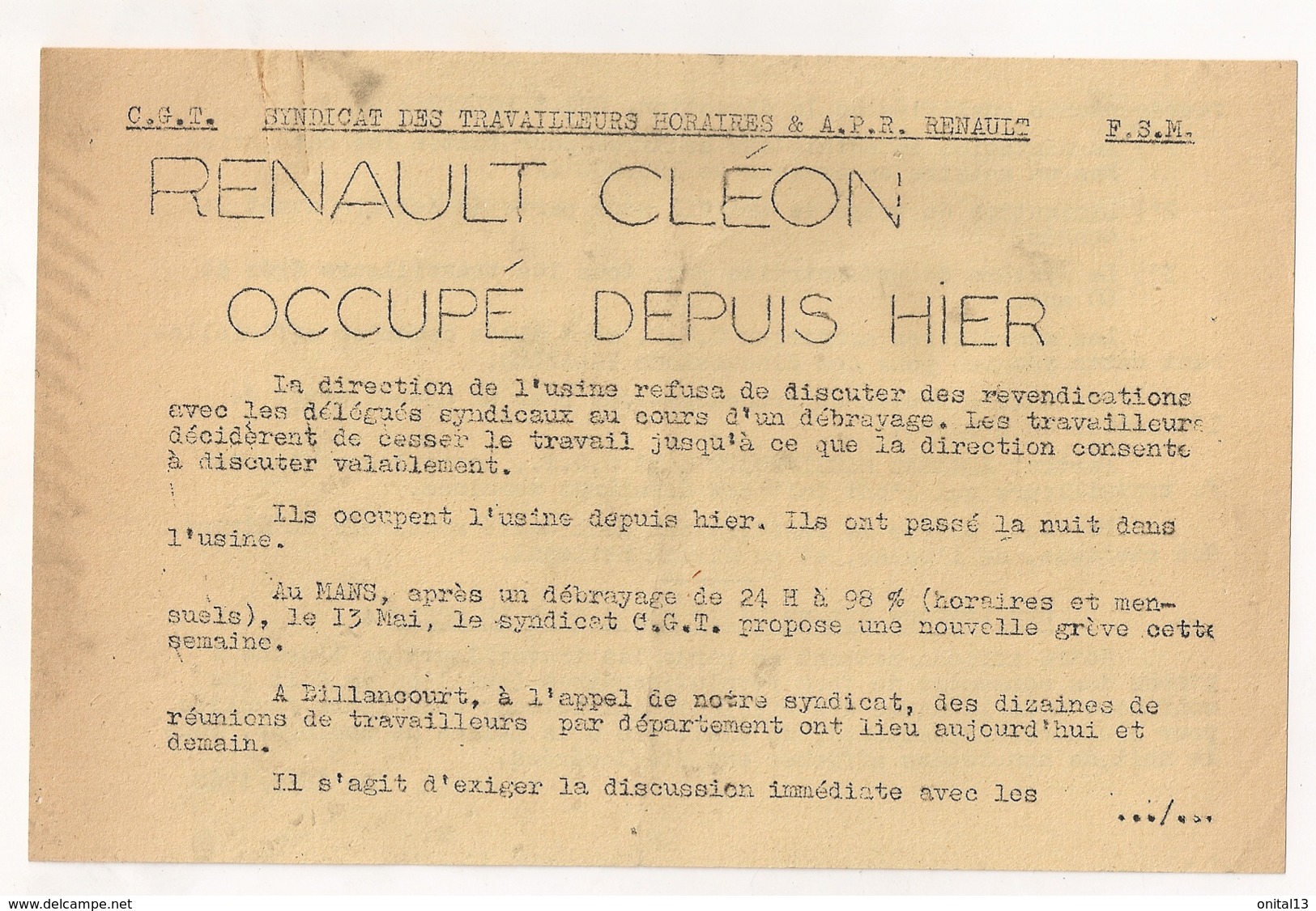 MAI 1968  TRACT  CGT RENAULT CLEON OCCUPE DEPUIS HIER   B496 - Documents Historiques