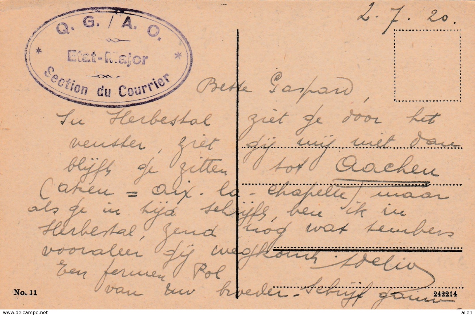 Kaart (Köln) 2.7.20 Met "Q.G./A.O. - Etat Major * Section Du Courier *". - OC38/54 Belgische Besetzung In Deutschland