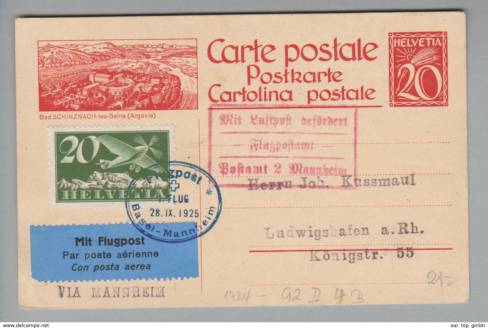 Schweiz Flugpost 1925-09-28 Basel-Mannheim Auf 20Rp. Bildpostkarte Nach Ludwigshafen - Altri & Non Classificati