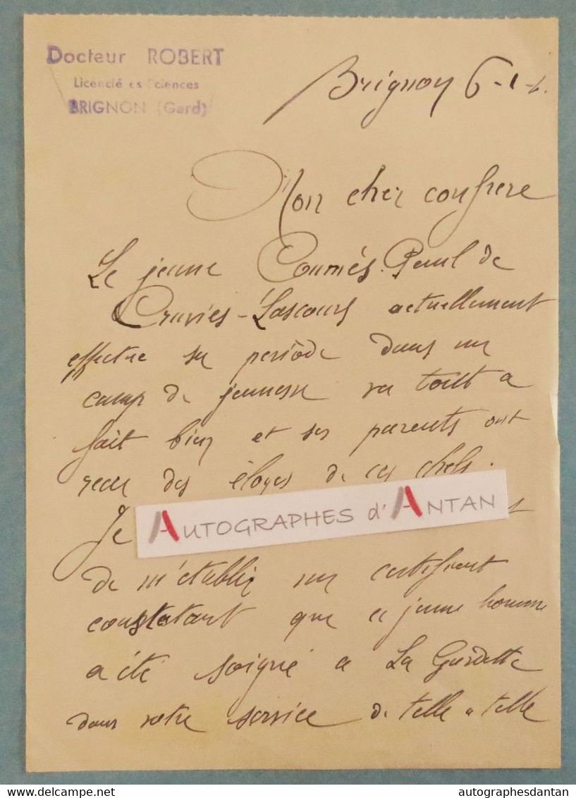 L.A.S Docteur ROBERT à BRIGNON (Gard) Début XXè - Paul De Cruviers Lascours - Camp De Jeunesse - Lettre Autographe - Autres & Non Classés