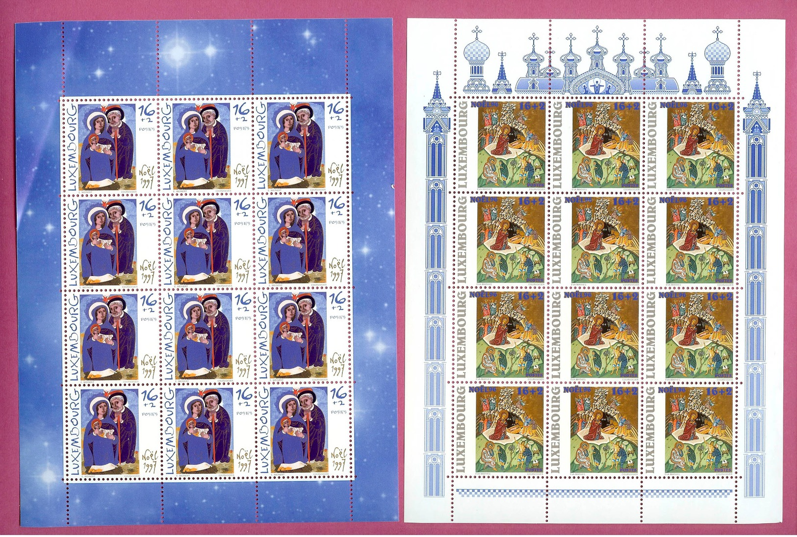 Luxembourg : Feuillet 12 Timbres Noël 1995(Vitrail  Alzingen)  Mi 1384 +feuillet Noël 1996 (icône  De Eva Mathes)Mi 1408 - Blocs & Feuillets