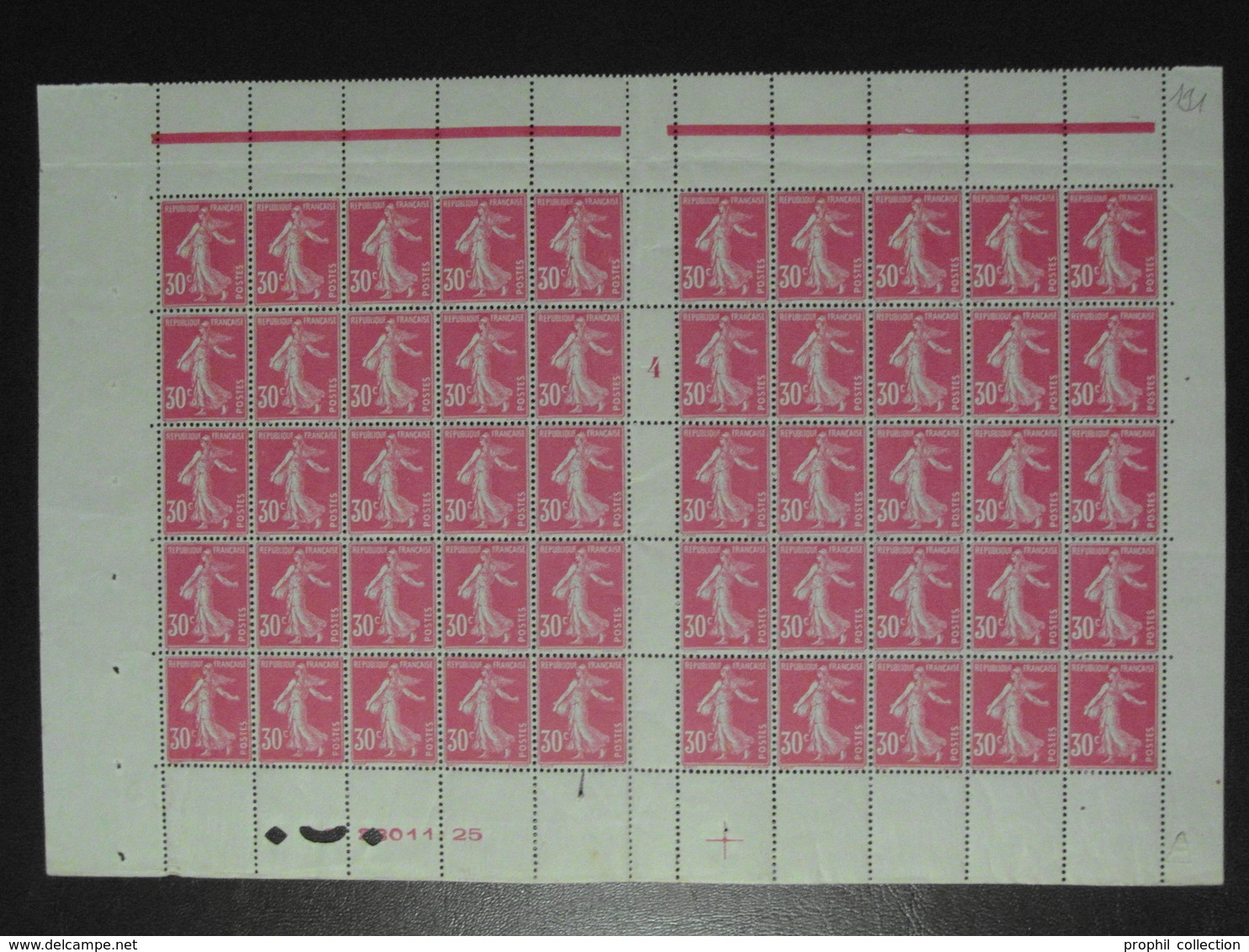 PANNEAU / FEUILLE De 50 TIMBRES " SEMEUSE CAMÉE " N° 191 NEUF ** (TB CENTRAGE) MILLESIME 4 + DATE SUR BAS DE FEUILLE - Full Sheets