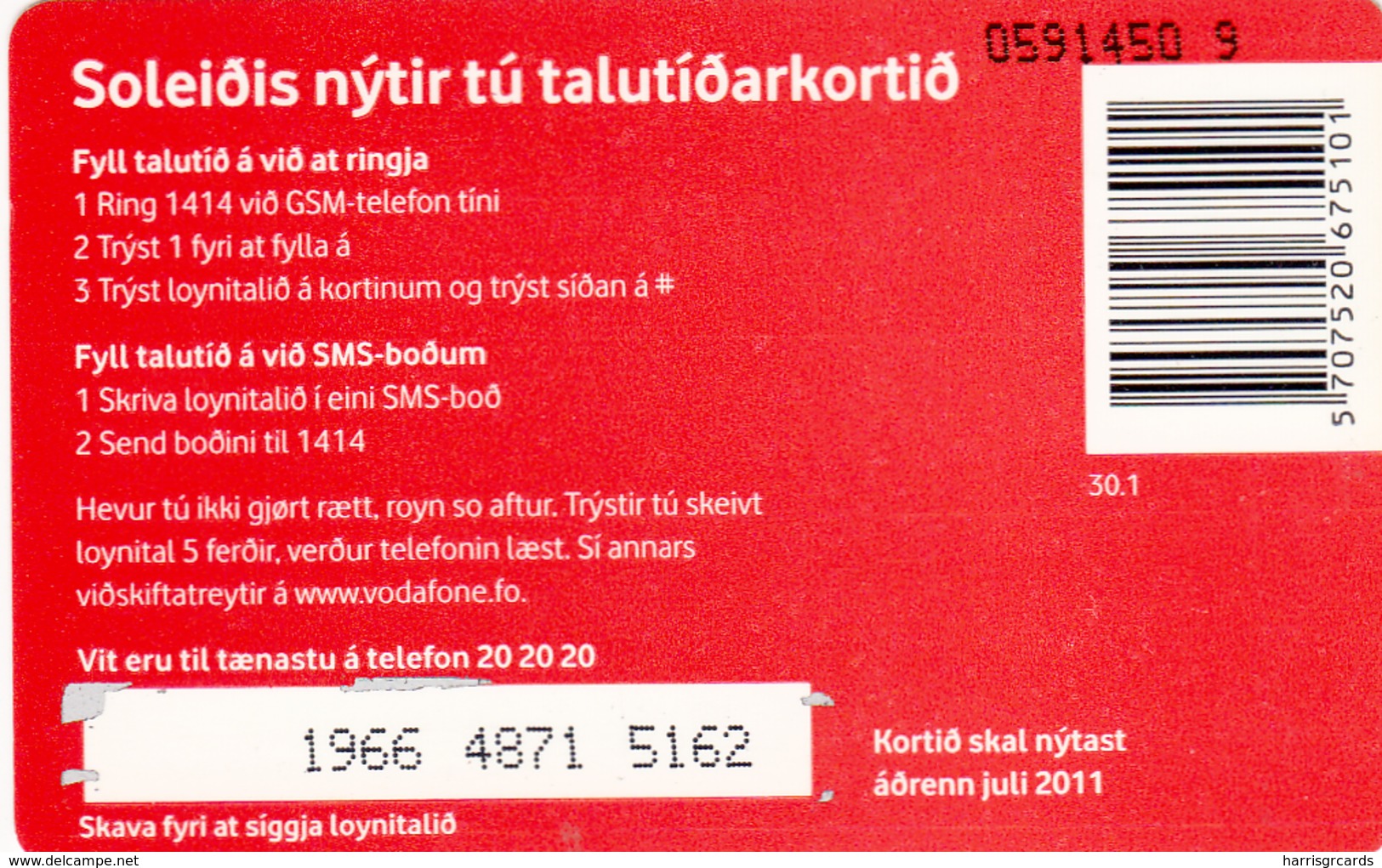 FAROE ISLANDS - Frælsi Vodafone , 50 Kr,  Teletid, Expire Date 07/2011 , Used - Féroé (Iles)
