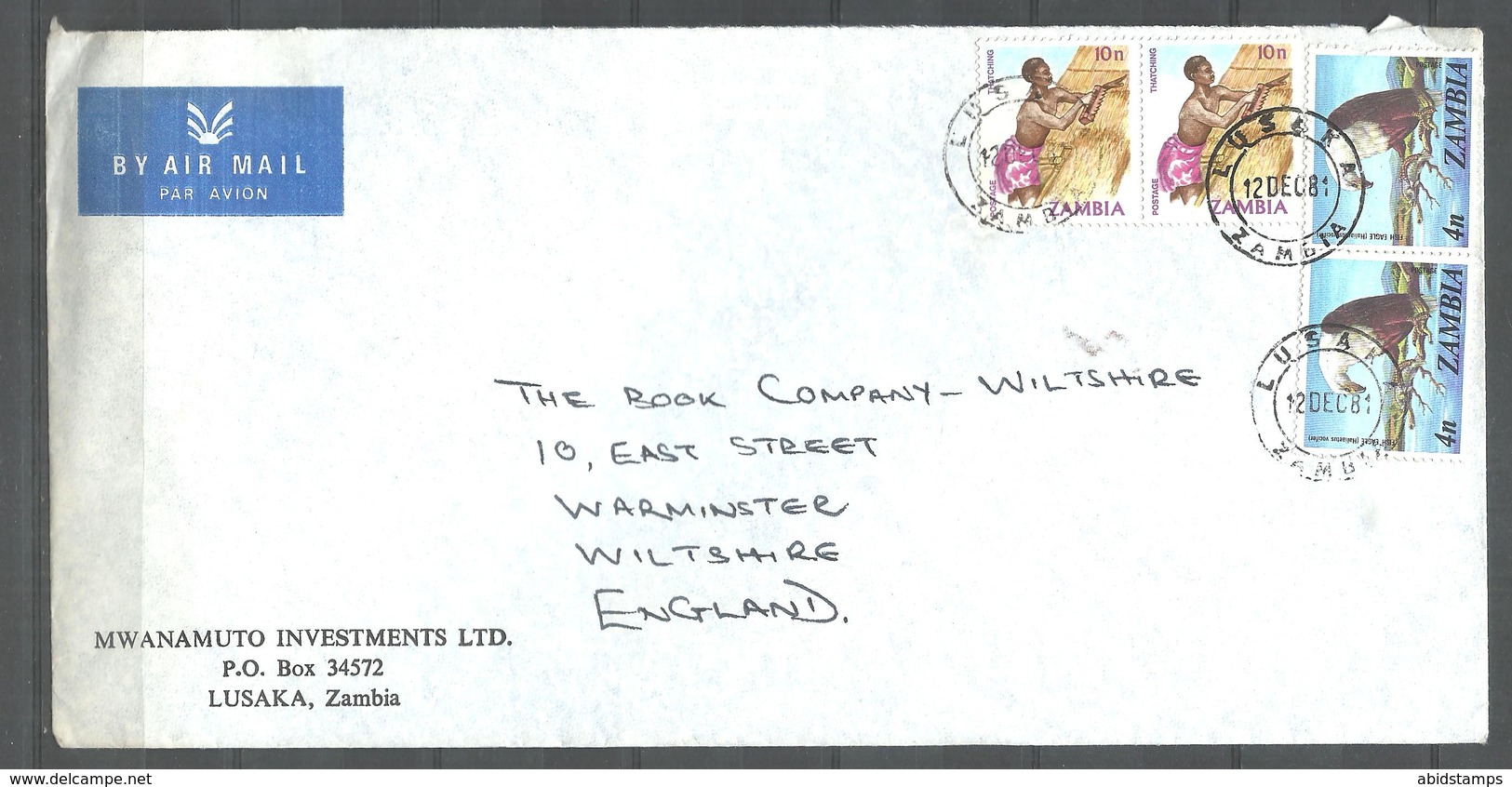 USED AIR MAIL COVER ZAMBIA TO ENGLAND BIRDS - Zambia (1965-...)