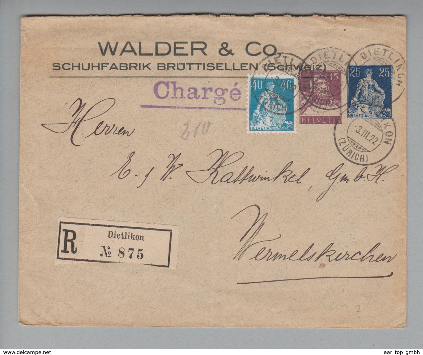 Schweiz Privatganzsache 1922-03-03 R-Brief 15Rp.Tellbrust, 25Rp.Helv.m.S. Eindruck +40Rp.Helv.m.Schw. - Entiers Postaux