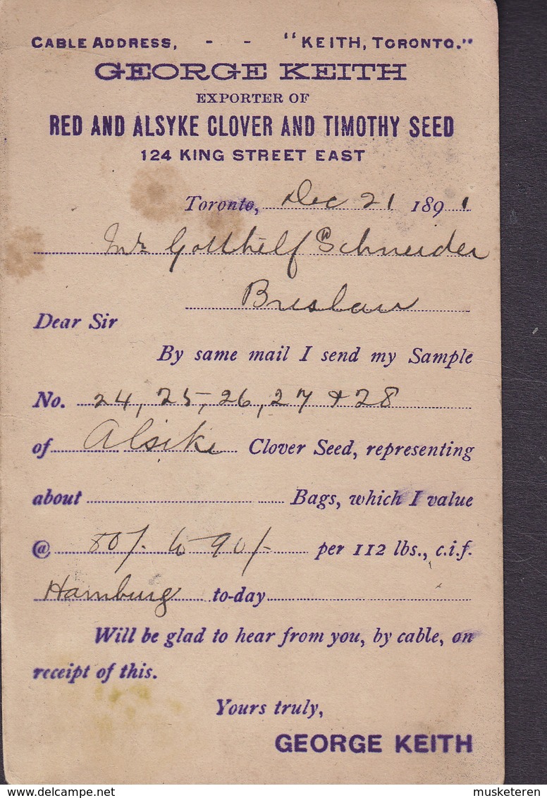 Canada UPU Postal Stationery Ganzsache Entier 2c. Victoria PRIVATE Print GEORGE KEITH, TORONTO 1891 BRESLAU Germany (2 S - 1860-1899 Regering Van Victoria