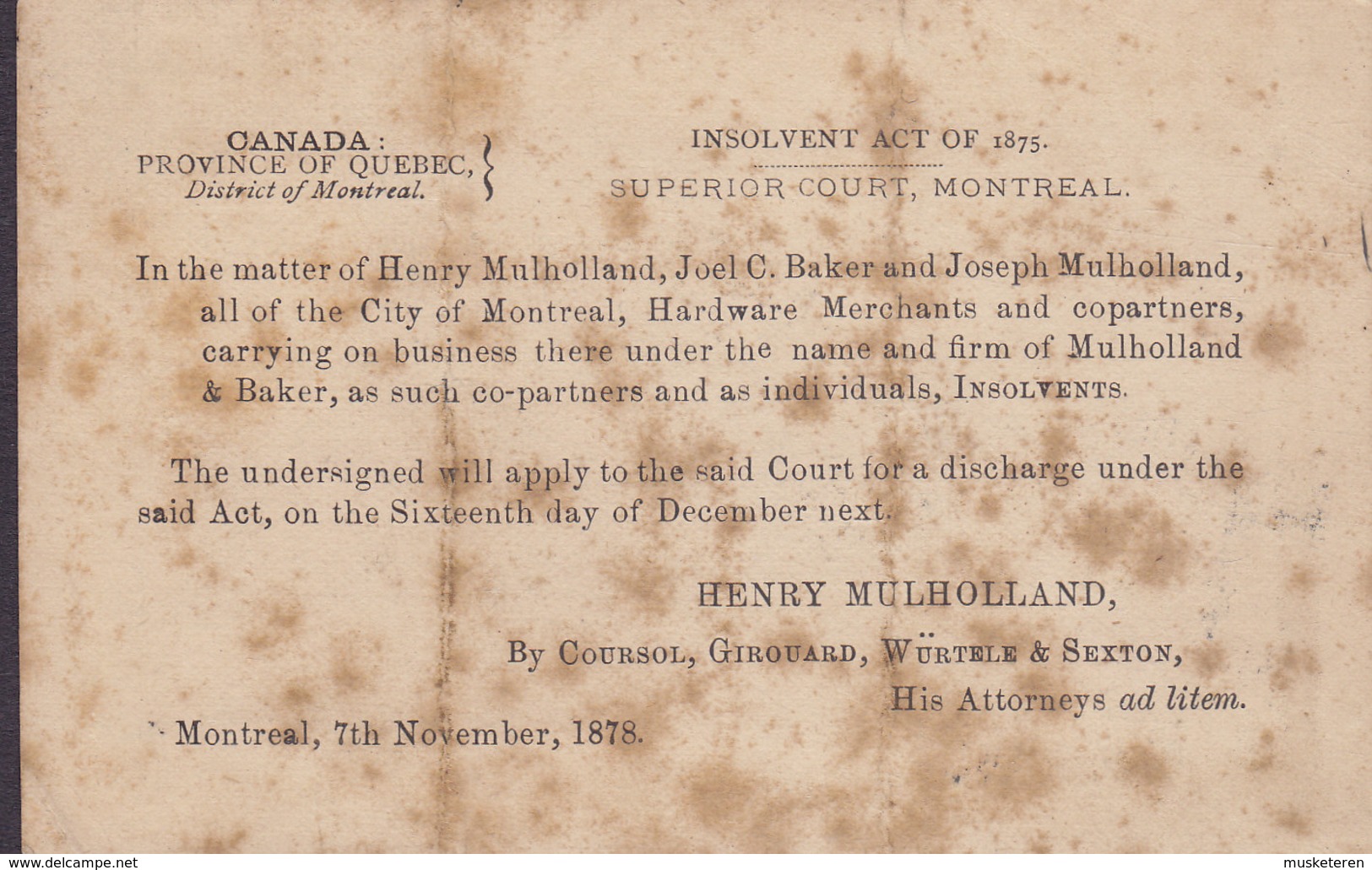 Canada Postal Stationery Ganzsache Entier 2c. Victoria PRIVATE Print SUPERIOR COURT, Henry Mulholland MONTREAL 1878 - 1860-1899 Règne De Victoria