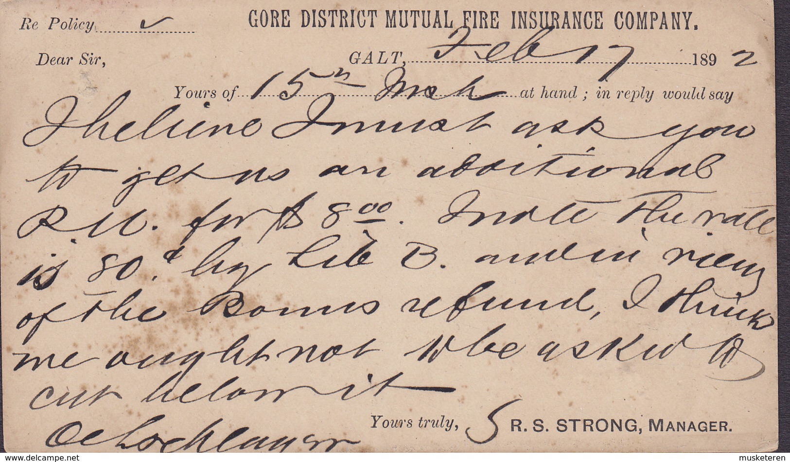 Canada Postal Stationery Ganzsache Entier 1c. Victoria PRIVATE Print GORE DISTRICT MUTUAL FIRE INSURANCE, GALT 1892 - 1860-1899 Reign Of Victoria