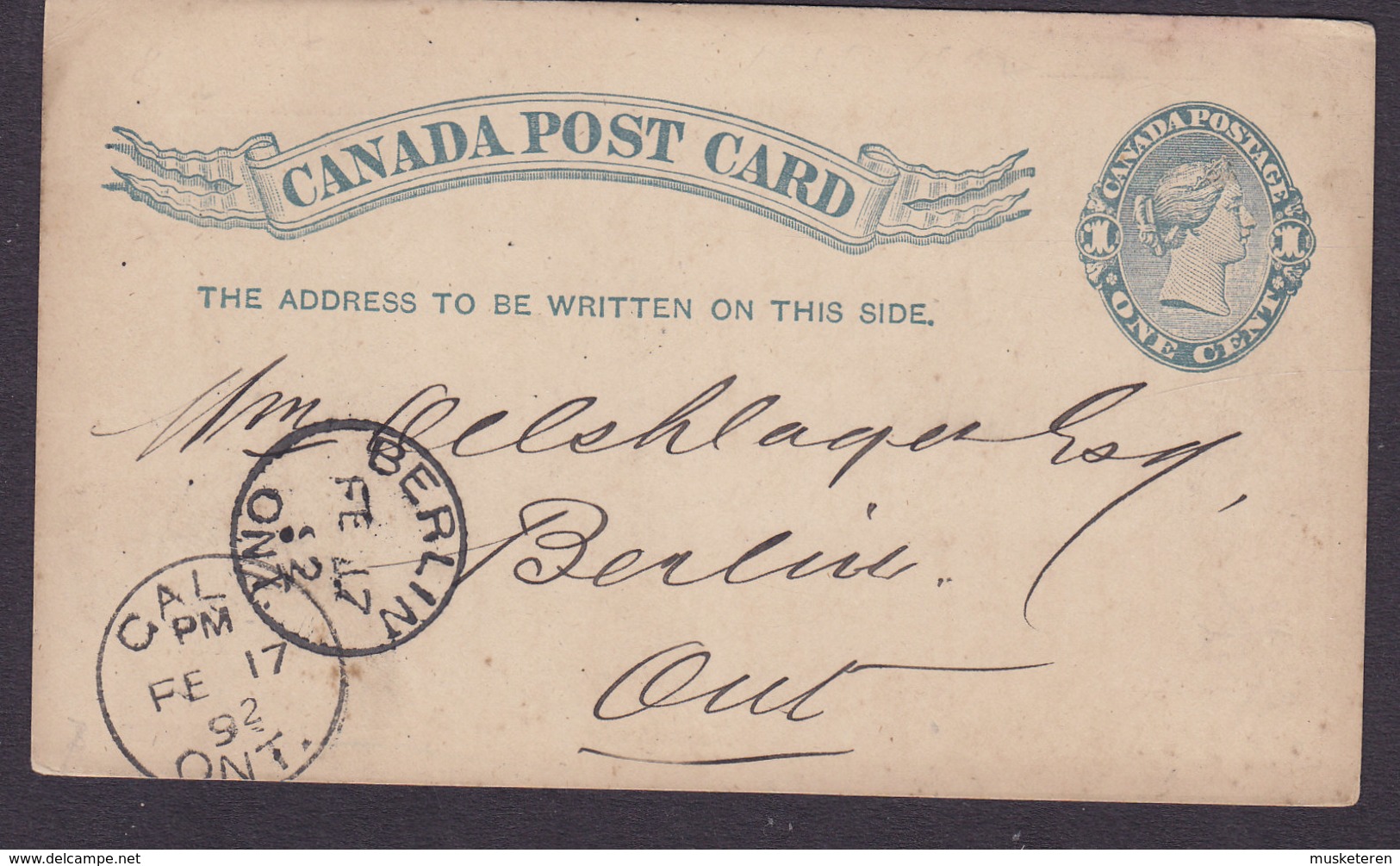 Canada Postal Stationery Ganzsache Entier 1c. Victoria PRIVATE Print GORE DISTRICT MUTUAL FIRE INSURANCE, GALT 1892 - 1860-1899 Reinado De Victoria