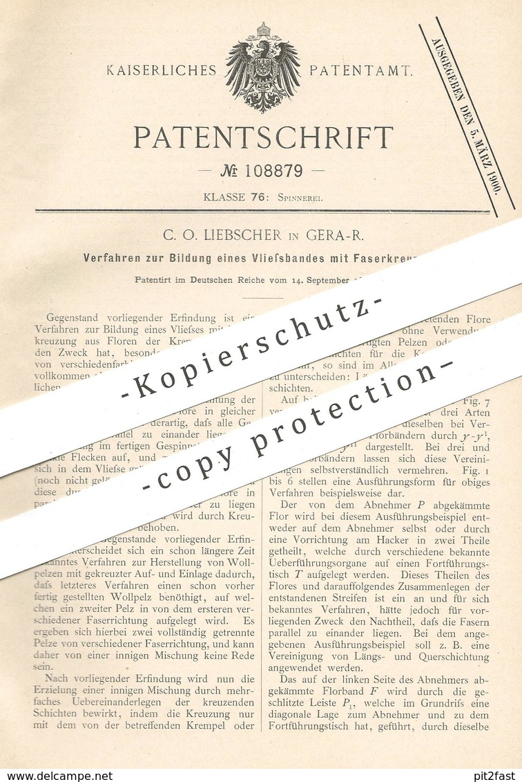 Original Patent - C. O. Liebscher , Gera , 1898 , Vliesband Mit Faserkreuzung | Stoff , Gewebe , Weben , Spinnen , Weber - Historische Dokumente