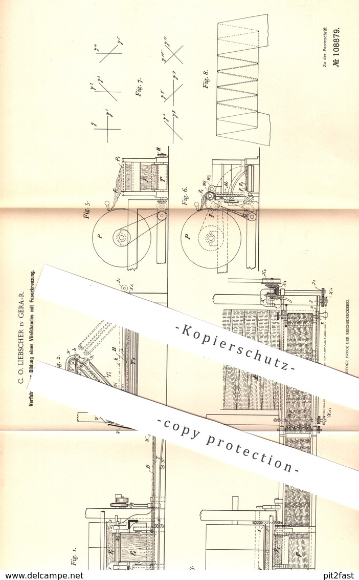 Original Patent - C. O. Liebscher , Gera , 1898 , Vliesband Mit Faserkreuzung | Stoff , Gewebe , Weben , Spinnen , Weber - Historische Dokumente