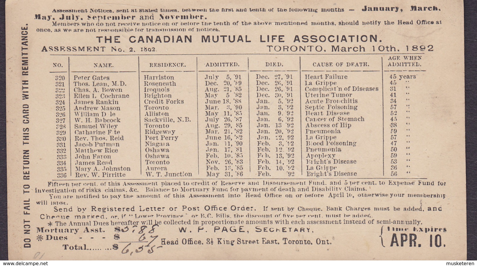 Canada Postal Stationery Ganzsache Entier 1c. Victoria PRIVATE Print CANADIAN MUTUAL LIFE ASSOCIATION, TORONTO 1892 - 1860-1899 Regering Van Victoria