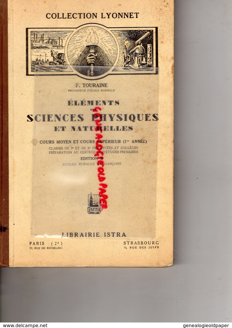 ELEMENTS SCIENCES PHYSIQUES ET NATURELLES-F. TOURAINE-ECOLE COURS MOYEN-LIBRAIRIE ISTRA PARIS-STRASBOURG-1923 - 6-12 Ans