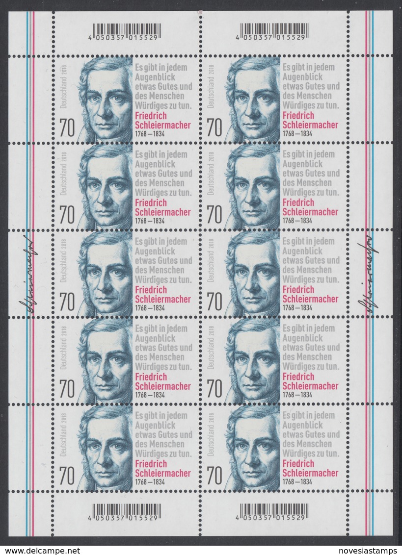 !a! GERMANY 2018 Mi. 3419 MNH SHEET(10) - Friedrich Schleiermacher - 2011-2020