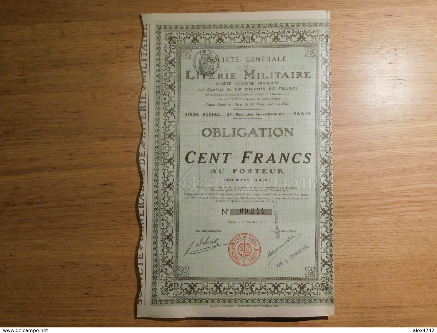 Literie Militaire, Obligation De Cent Francs, 1910  (Box1) - Autres & Non Classés