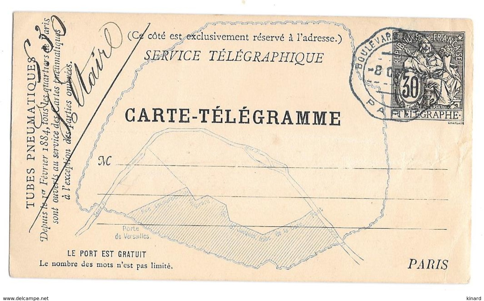 ENTIER   CARTE TELEGRAMME..  30CTS NOIR ..CACHET BLEU BOULEVARD DIDEROT.OCTOBRE 1884.  TBE ... - Pneumatiques