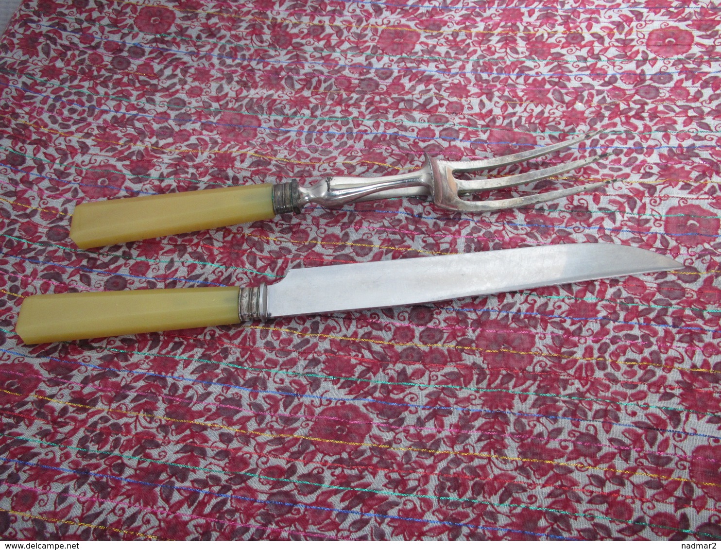 Beau Service à Découper Les Viandes Années 40 Lame Inox Bagues Argentées  Couteau Fourchette - Forks