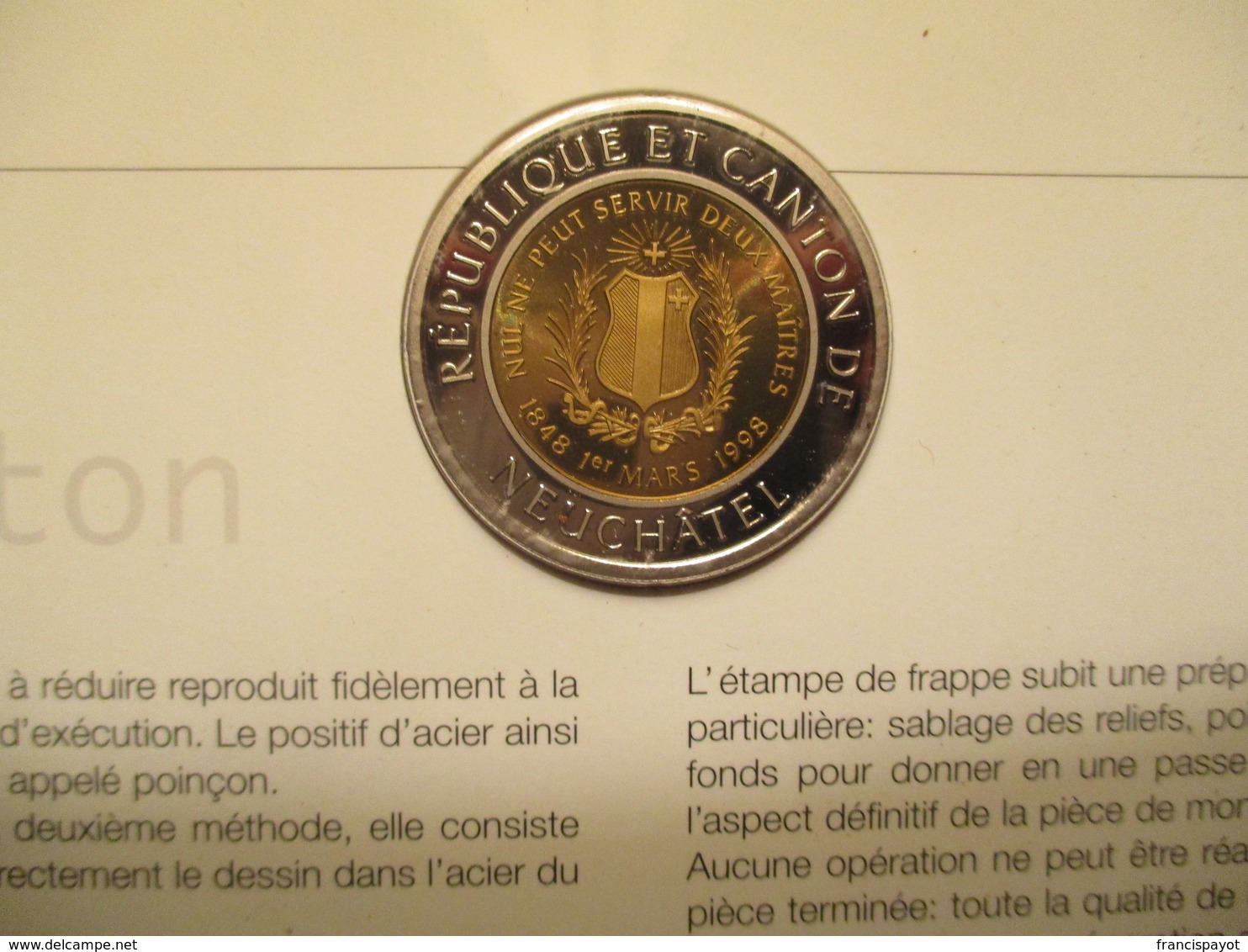 Suisse: 1 Alexis Monnaie Temporaire Neuchâtel 1998 Avec Dépliant Explicatif - Monétaires / De Nécessité