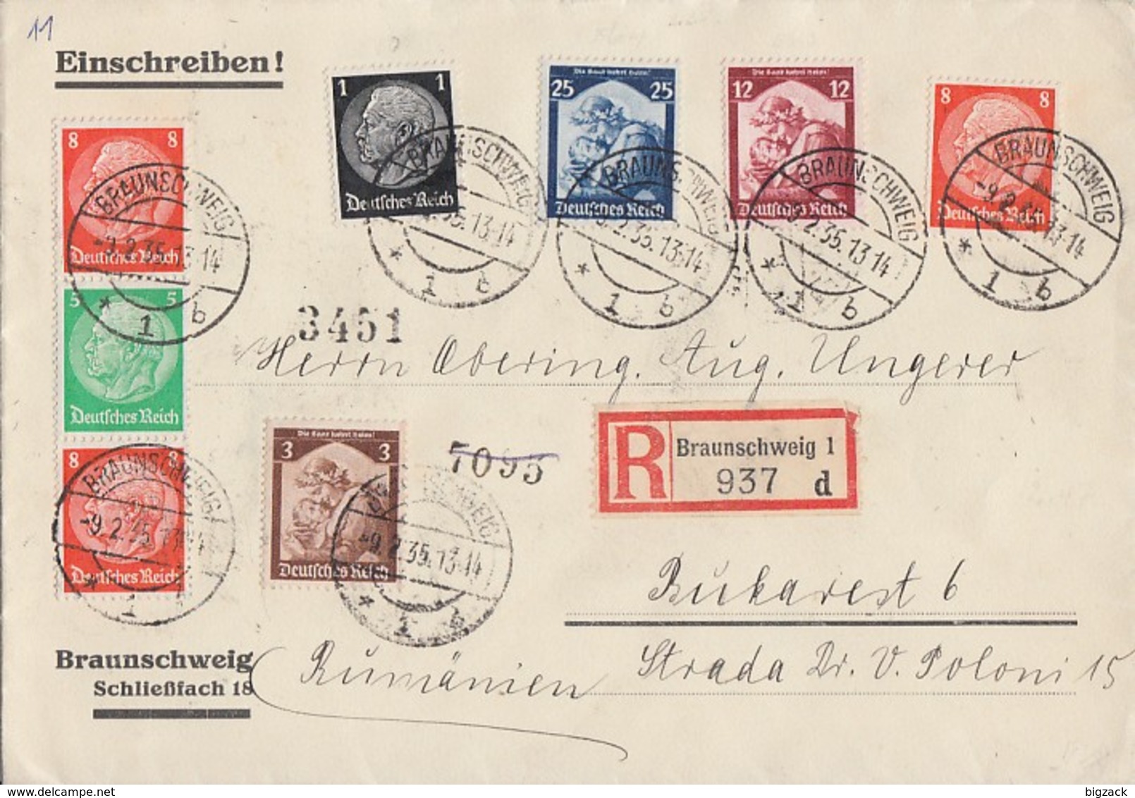 DR R-Brief Mif Minr.512,517,565,567,568 Zdr. Minr.S122 Braunschweig 9.2.35 Gel. Nach Rumänien - Briefe U. Dokumente