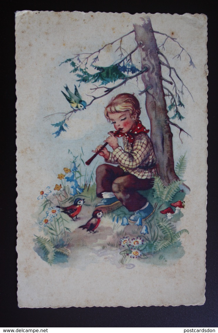 Little Boy Playing Flute -  Mushroom - Old Postcard - - Champignon 1950s - Paddestoelen