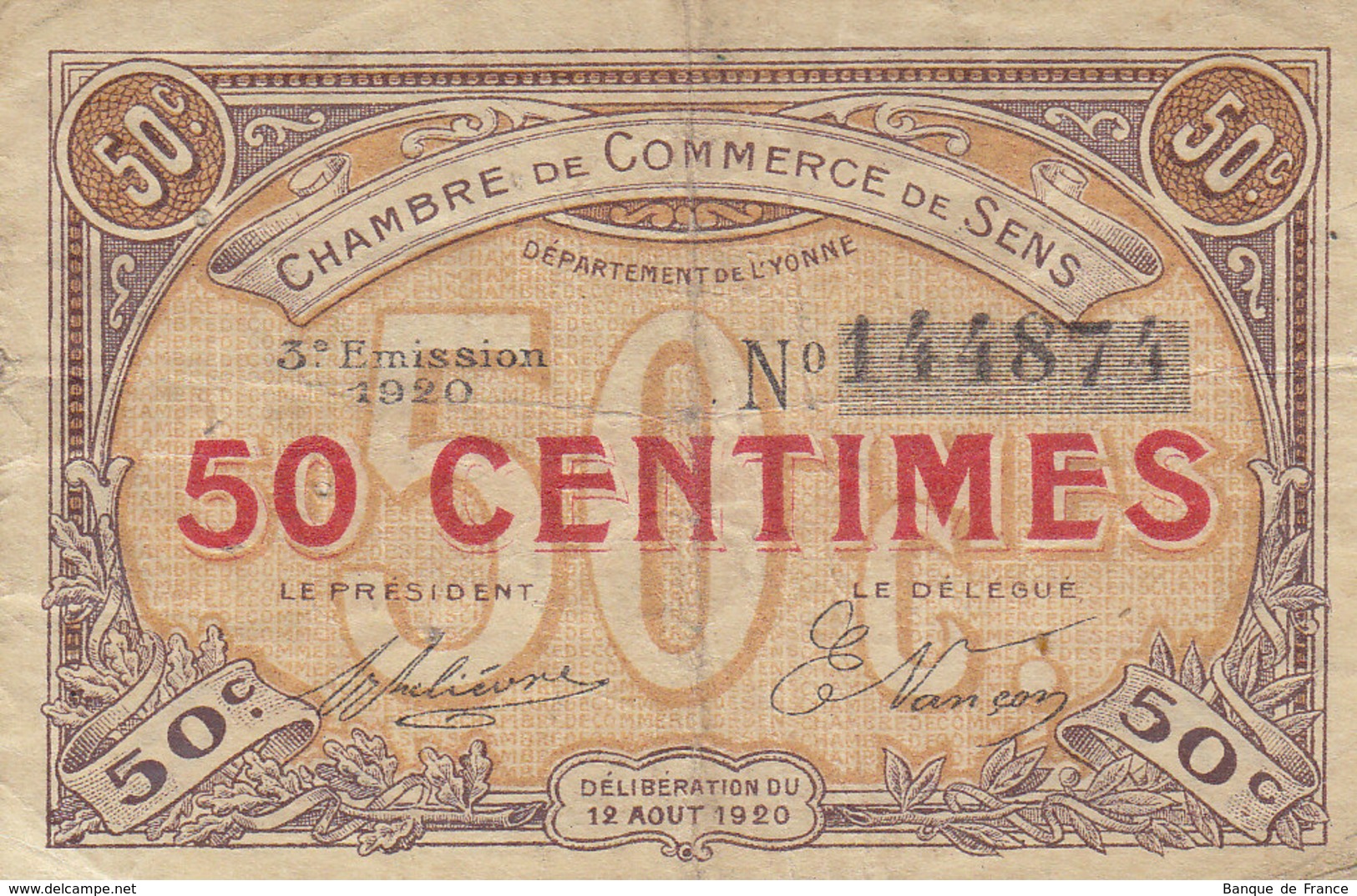 Sens 50 C Du 12 Août 1920 3è Émission - Chamber Of Commerce