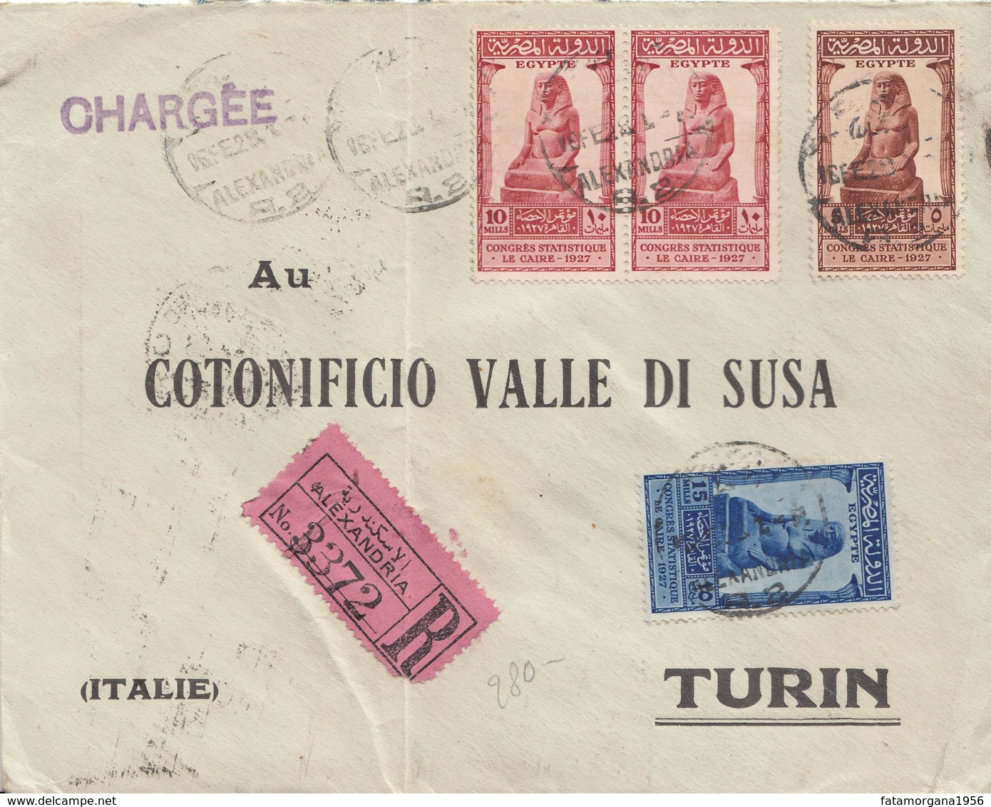 EGITTO - 1928 - Busta Di Raccomandata Viaggiata Da Alexandria A Torino. - Briefe U. Dokumente