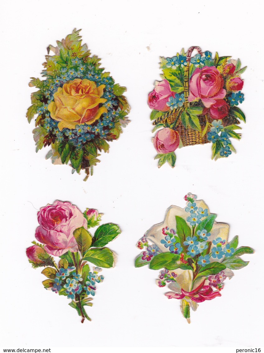 Lot De 4 Chromos Découpis, Fin XIXe Siècle, Roses Et Myosotis - Fleurs
