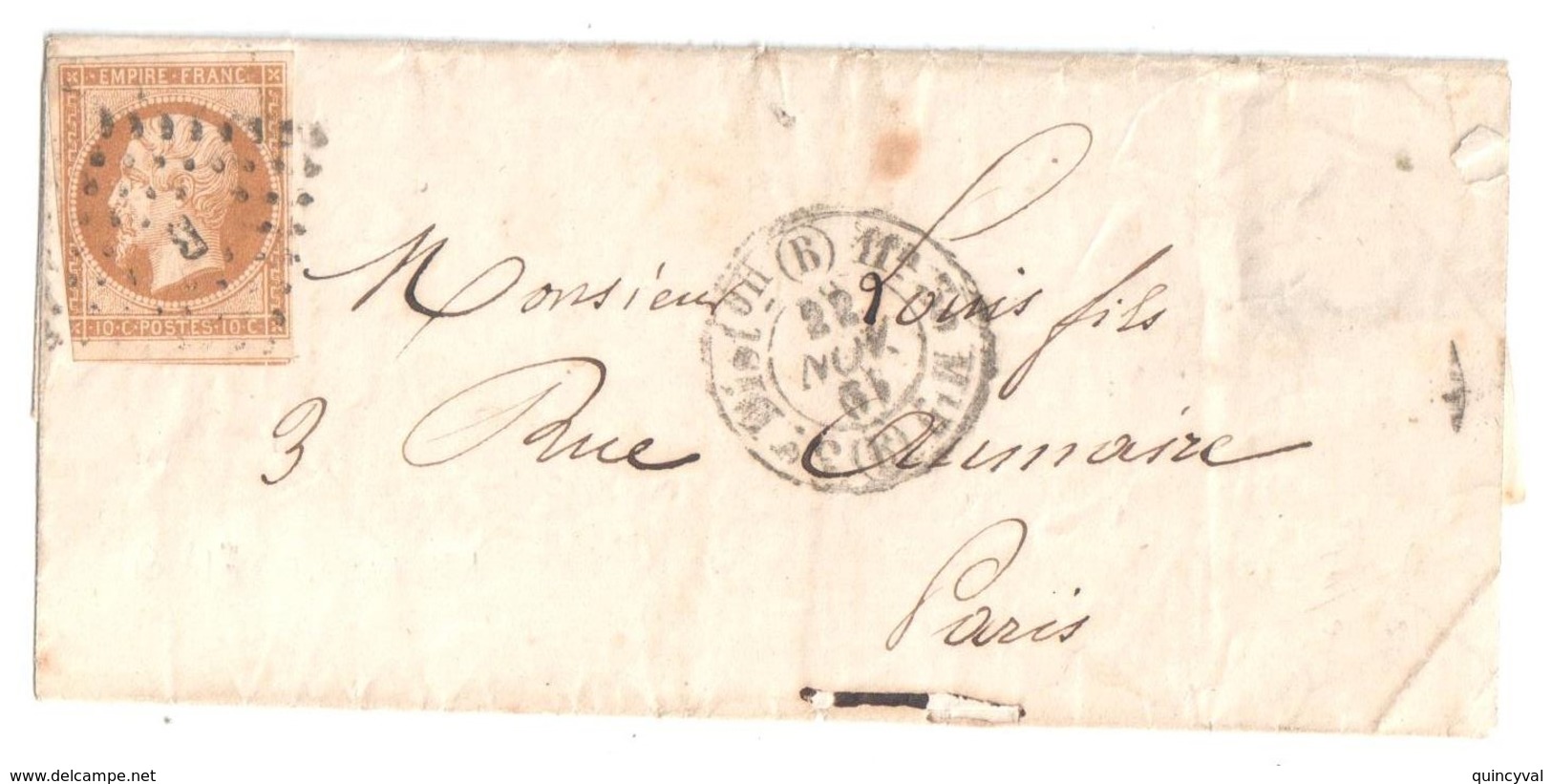 PARIS Losange B Bâton Timbre à Date Type 1520 Rochette Levée 11 H 10c Napoléon ND Yv 13 B Type 2 - 1849-1876: Période Classique