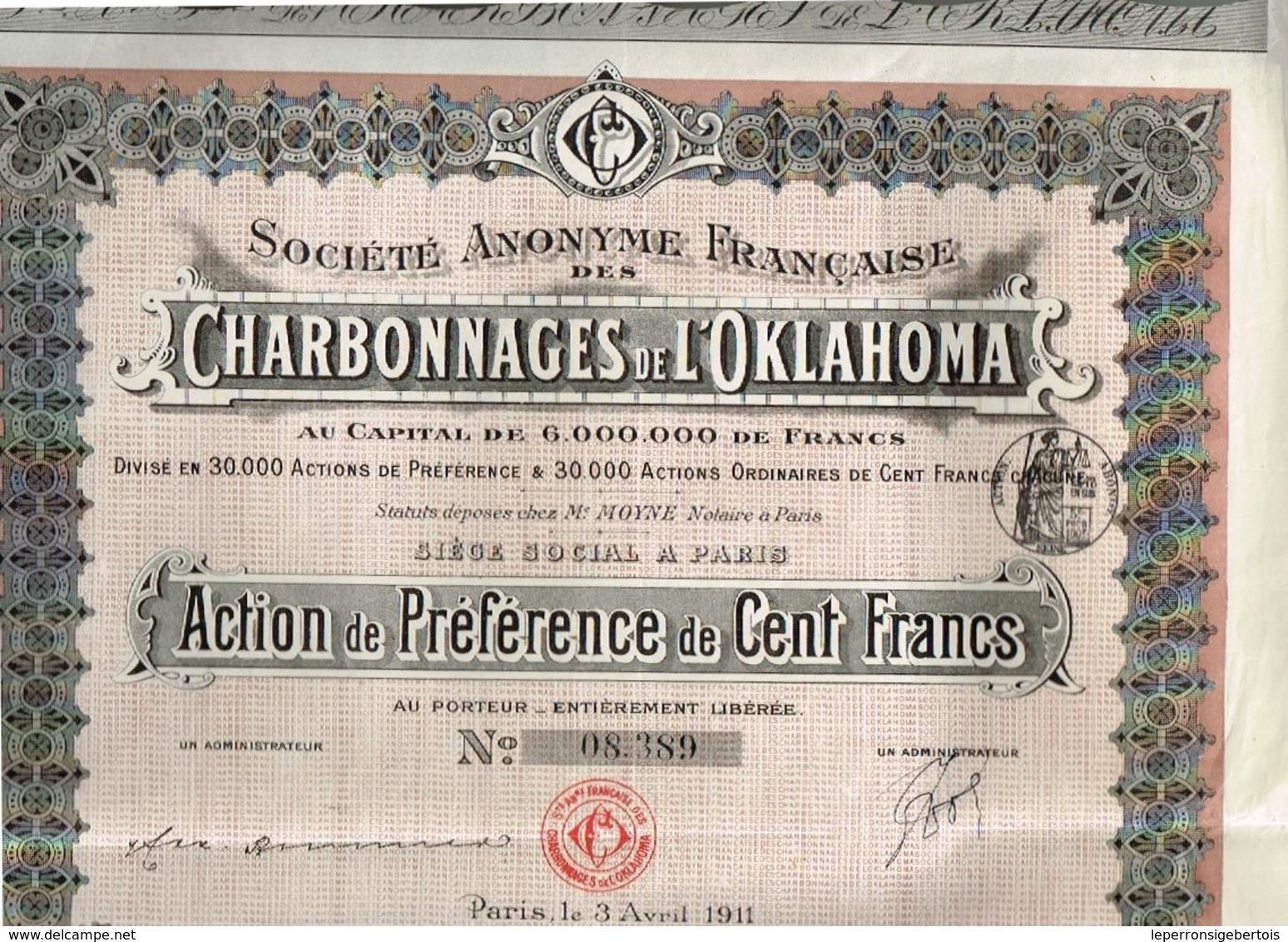 Ancienne Action - Société Anonyme Française Des Charbonnages De L'Oklahoma - Titre De 1911 - Mines